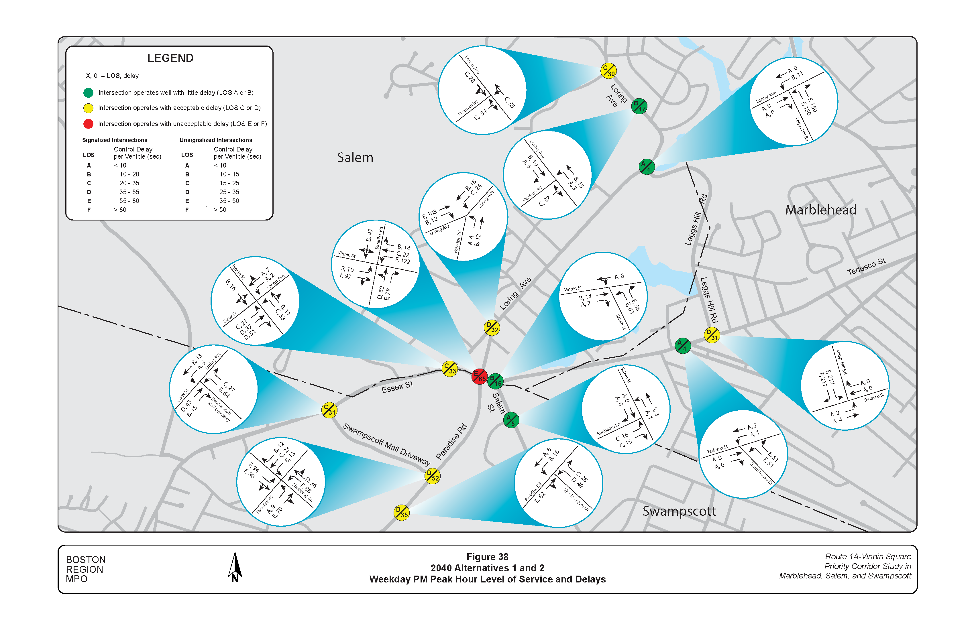 FIGURE 38. 2040 Alternatives 1 and 2: Weekday PM Peak Hour Level of Service and Delays.Figure 38 is a map of the study area with graphics embedded showing the level of service and delays during the weekday PM peak hour travel time, projected to 2040, with the improvements described in Alternatives 1 and 2.